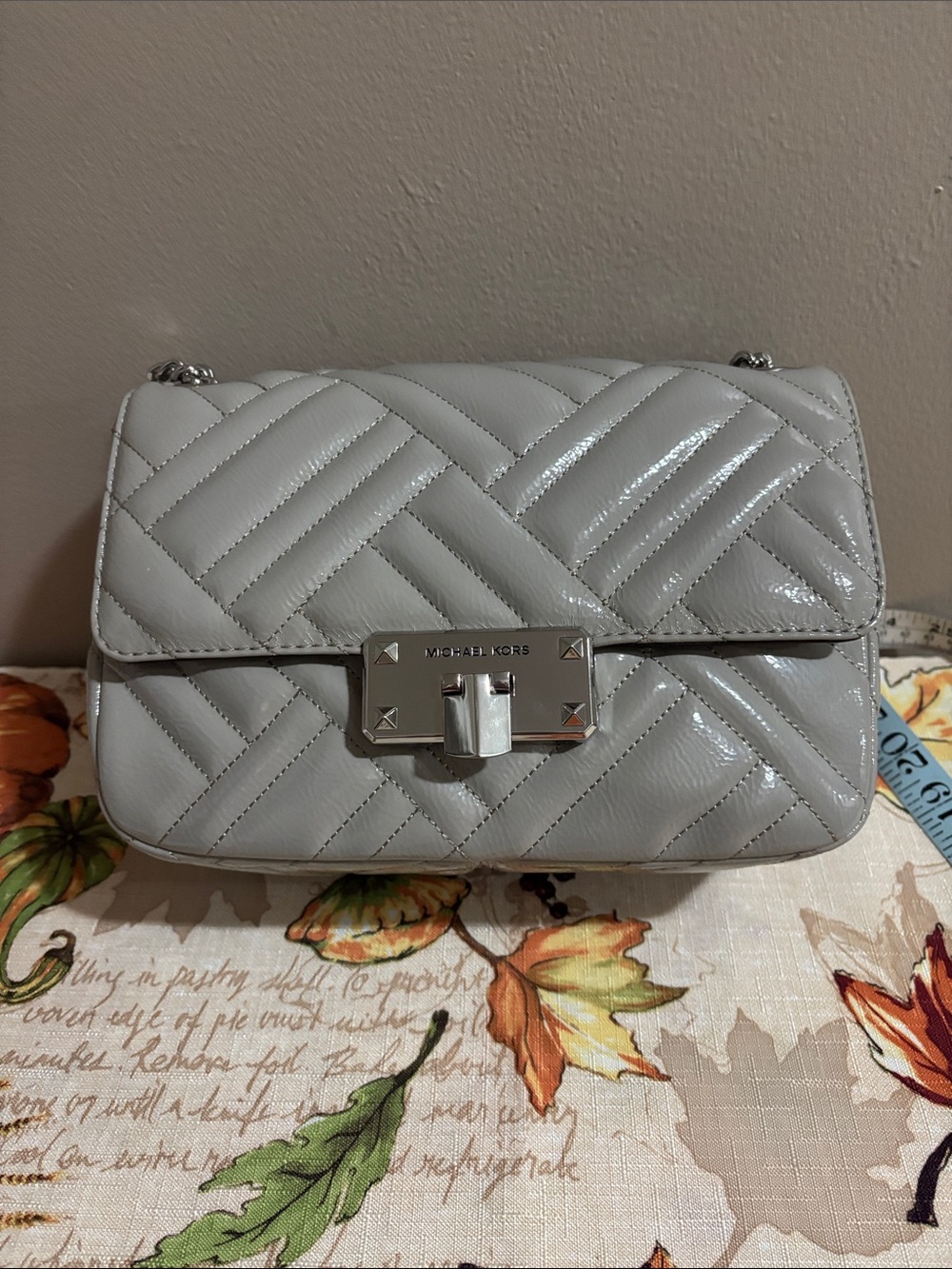 Michael Kors Quilted Shoulder Bag in Light Gray Patent Leather